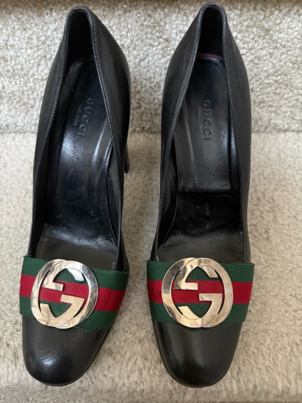 Gucci Black Leather Heels with Green and Red Web and Silver GG
